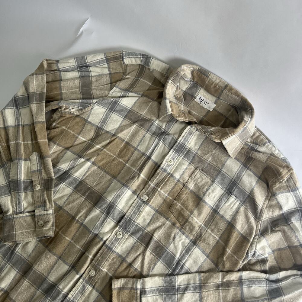 Gap Men's Beige/Gray/White Plaid Flannel Button-Up Shirt XL Long Sleeve - Picture 2 of 7